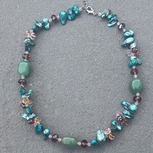 Green Aventurine Beaded Gem Faceted Crystal and Teal Blister Pearl Necklace